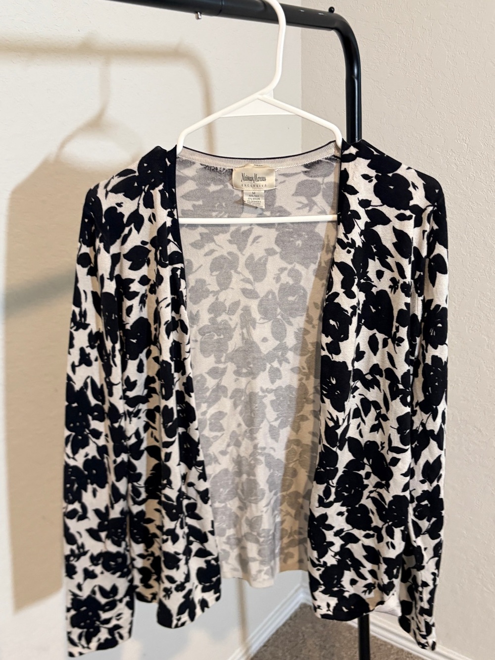 Neiman Marcus Black & White Floral Open Silk Blend Cardigan